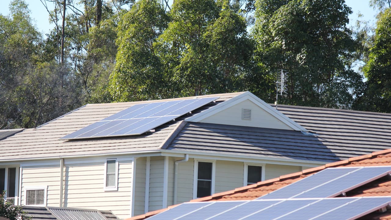 Solar panels on the roof of a weatherboard home, with eucalypts behind
