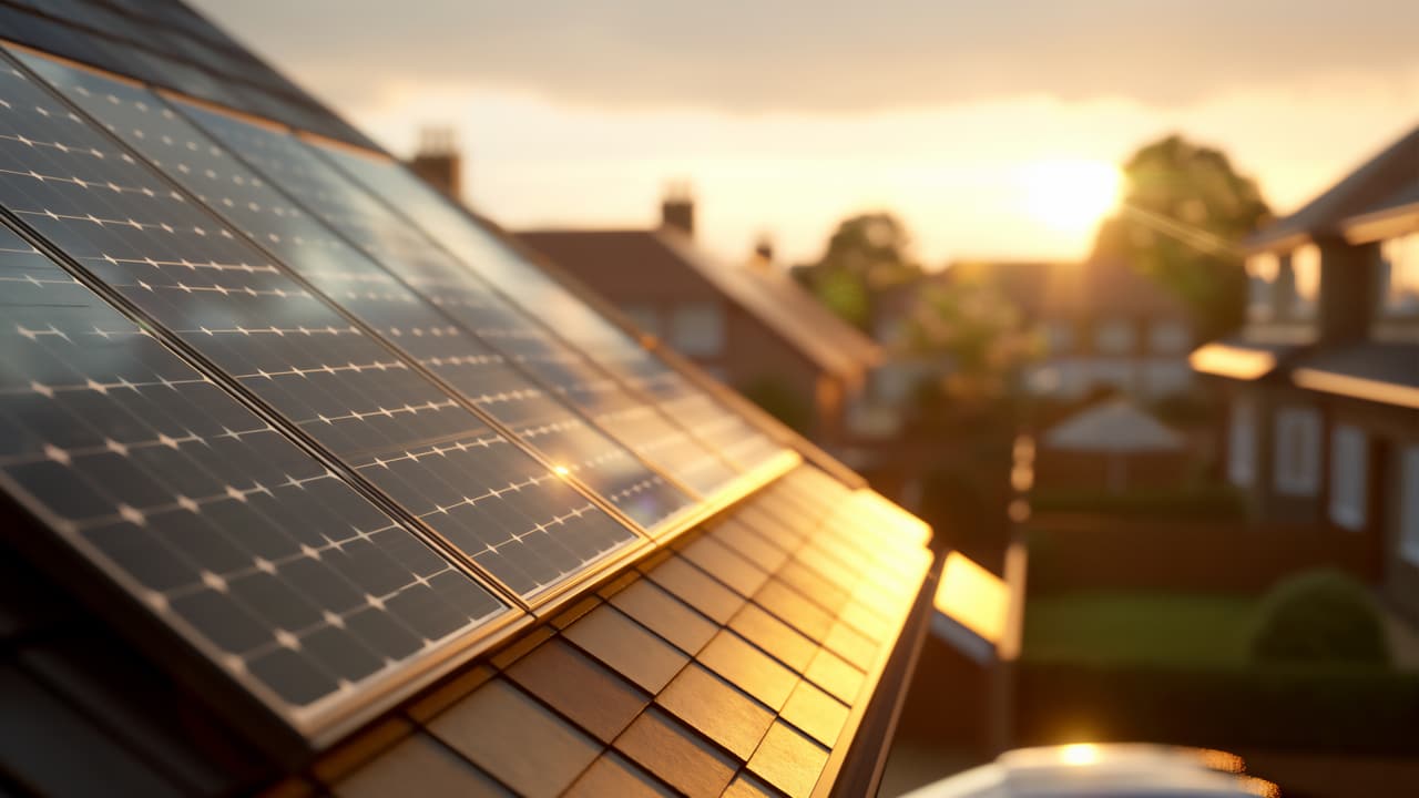 A long run of solar panels on a roof at golden hour, with suburban rooftops behind